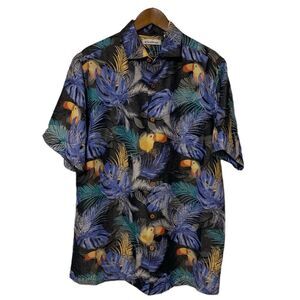 Caribbean Hawaiian Button Down Short Sleeve Shirt Parrot Palms Modal Blend